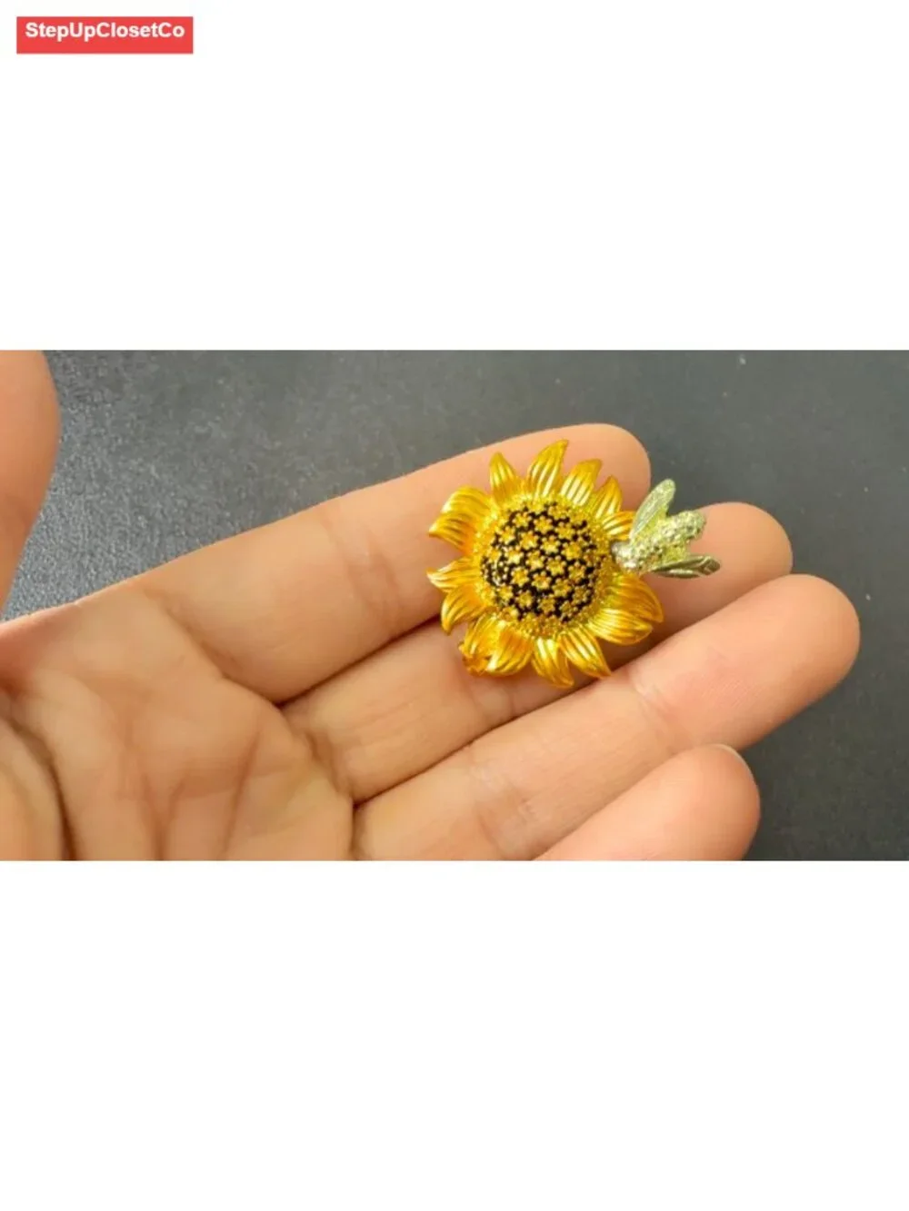 Crystal Rhinestone Sunflower Brooch Vintage Enamel Bee Pin 3D Floral Jewelry